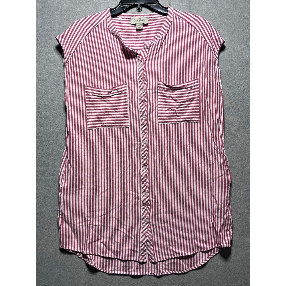 Charlie Paige Women’s XL Red White Striped Button Front High Low Tunic Top